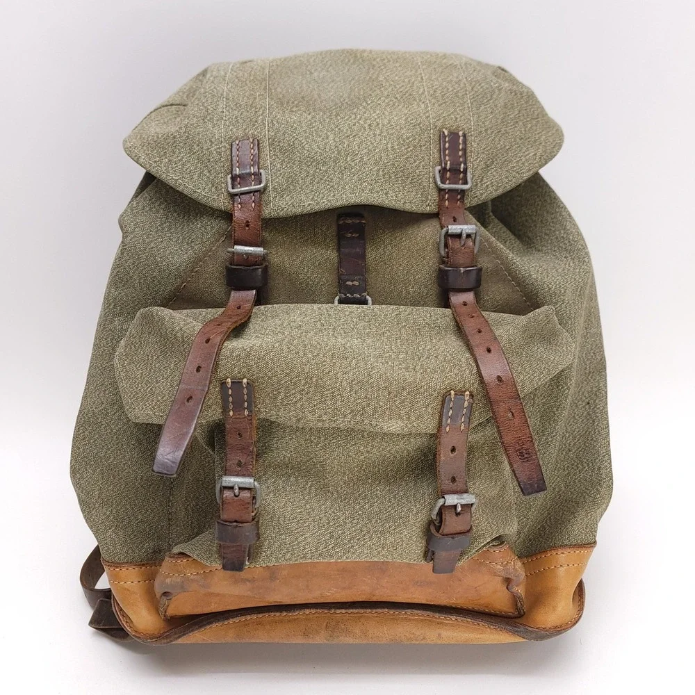 Vintage 1960 Swiss Military Salt and Pepper Canvas Leather Rucksack Backpack